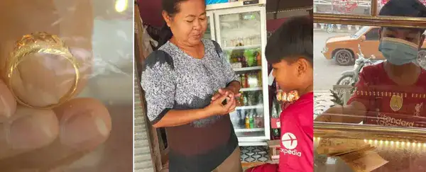 ребёнок покупает бабушке золотое кольцо
