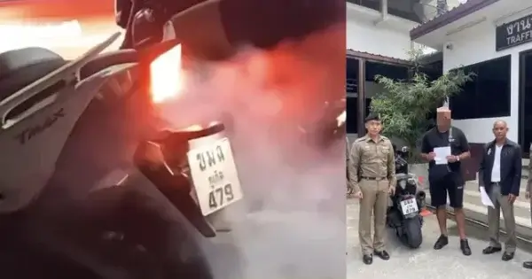 оштрафованный турист и дымящий мотоцикл